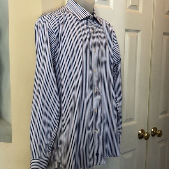 David Donahue Trim Dress shirt button down Men’s 17 34/35 White navy lavender - Picture 5 of 12